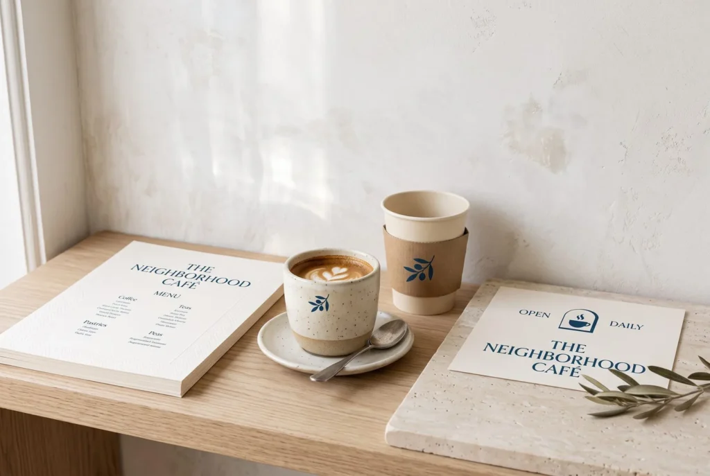 Concept café identity with menu, cup and window sign