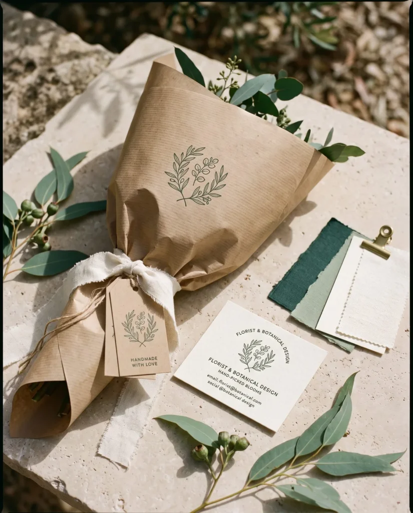 Concept florist identity with kraft wrapping, tags and swatches