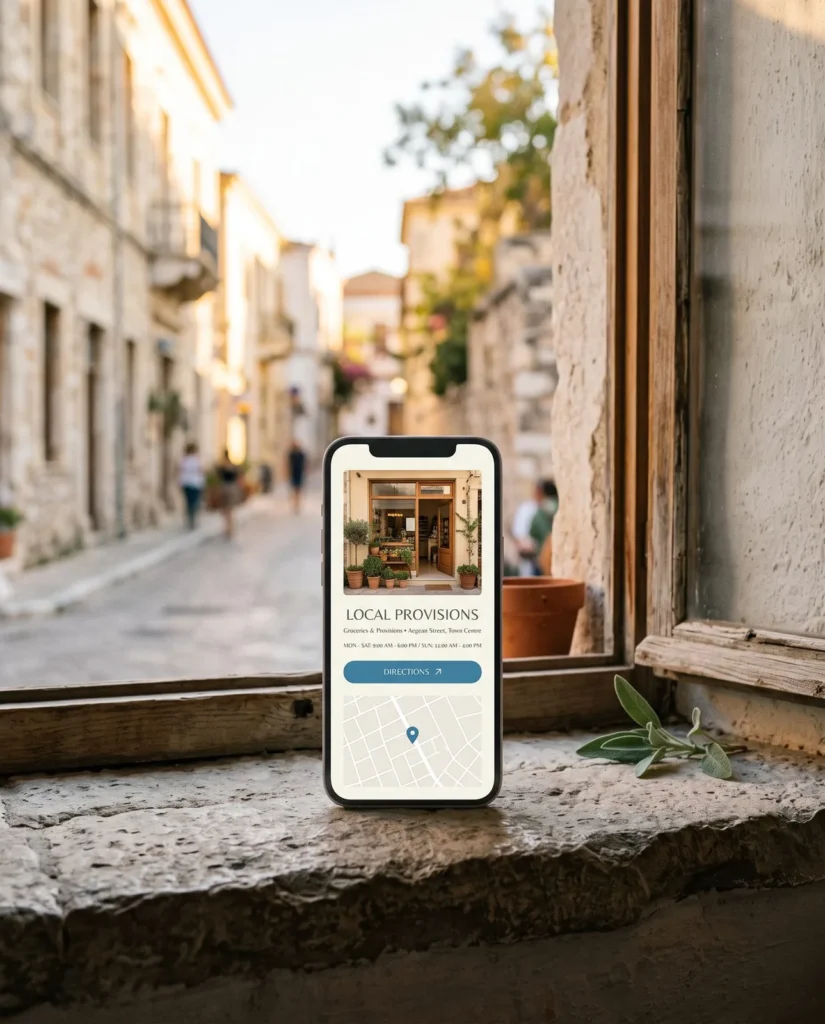 Illustrative local business profile on a phone in a window
