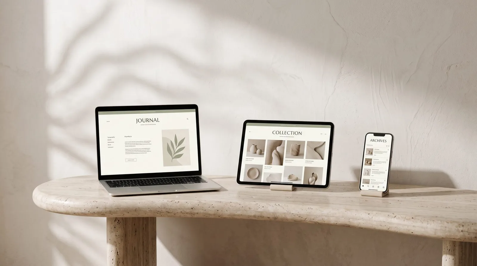 A laptop, tablet and phone on a long stone bench, each showing a website layout