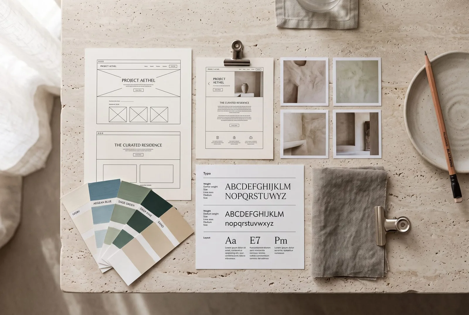 Studio moodboard with wireframes, colour swatches and type samples on a stone table