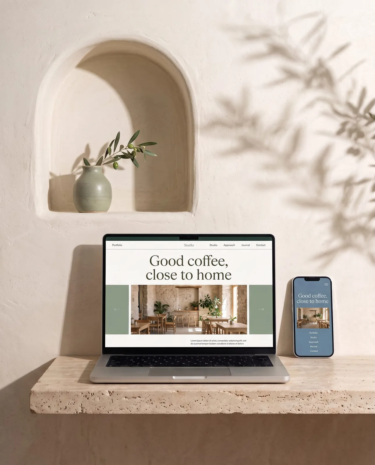 A laptop and phone showing a calm website design, resting on a travertine ledge in soft morning light