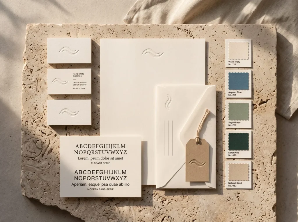 Brand identity pieces: business cards, letterhead, tag and colour swatches on stone