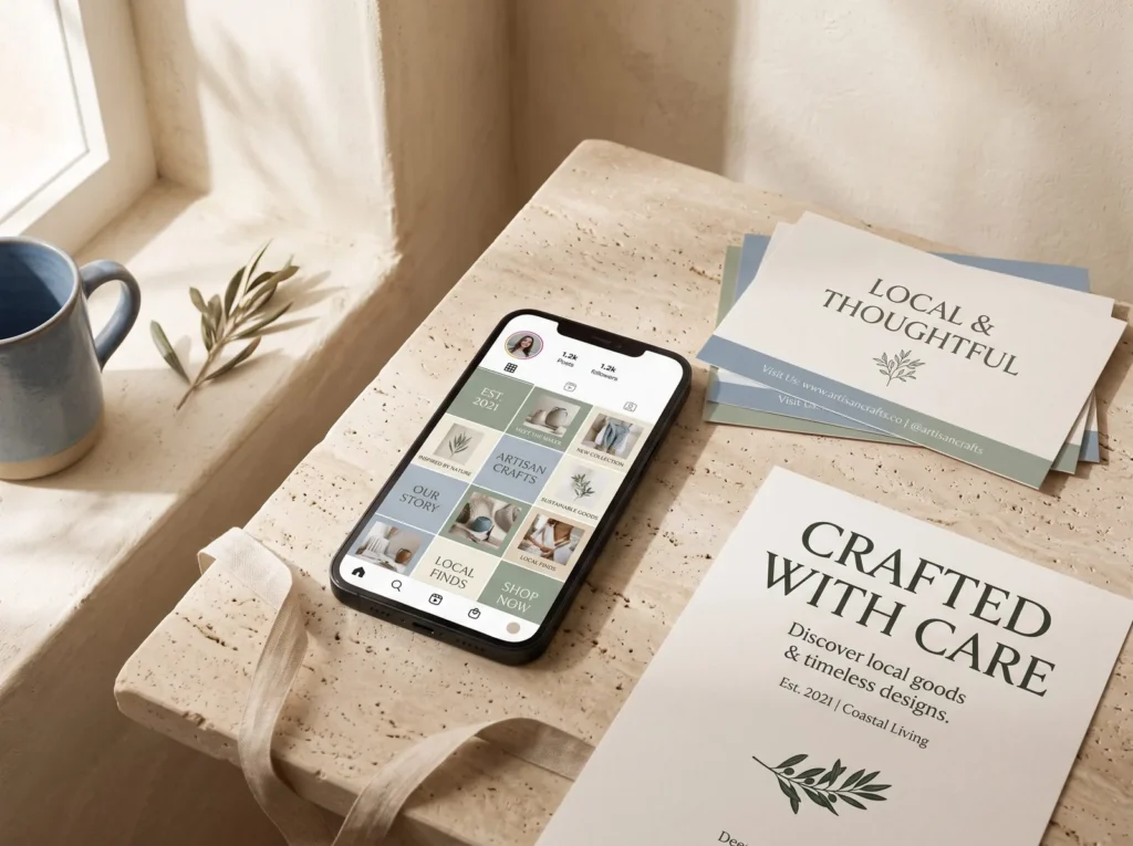 A phone with a social post grid next to printed postcards and a poster