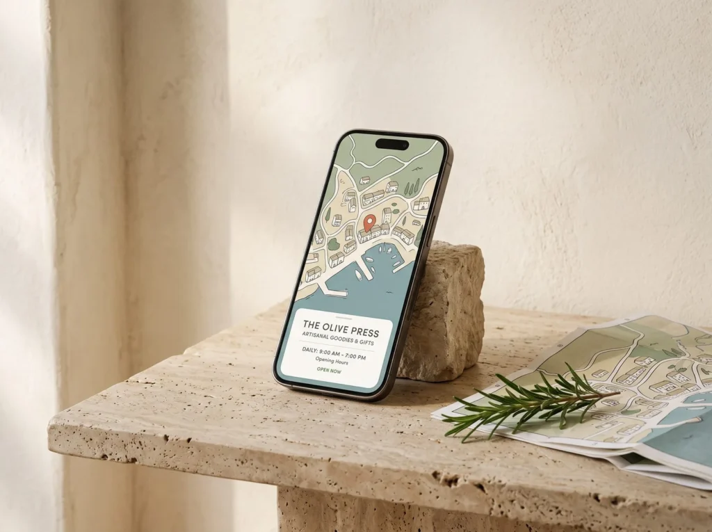 A phone showing a local map listing beside a paper map and rosemary