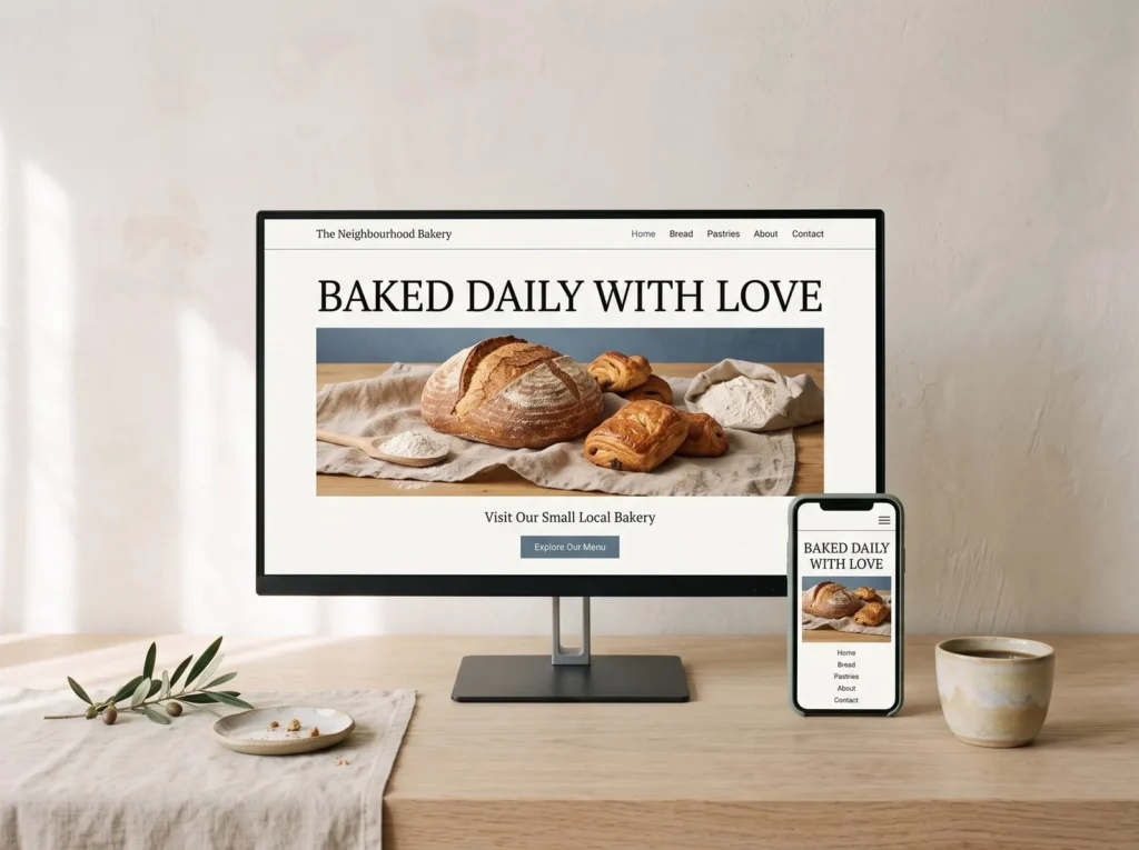 A responsive bakery website shown on a desktop monitor and a phone